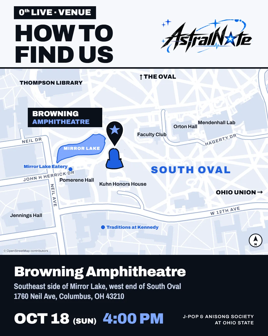 Venue map poster showing Browning Amphitheatre on the southeast side of Mirror Lake, at the west end of the South Oval.